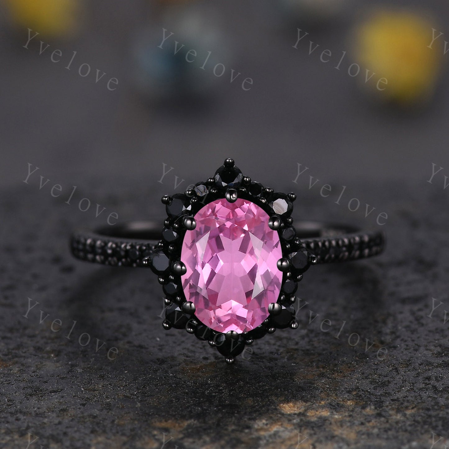 Gothic Oval Cut Pink Sapphire Engagement Ring Set,Black Gold Black Diamond Promise Ring Set Unique Rhodium Black Witchy Ring Bridal Set Gift
