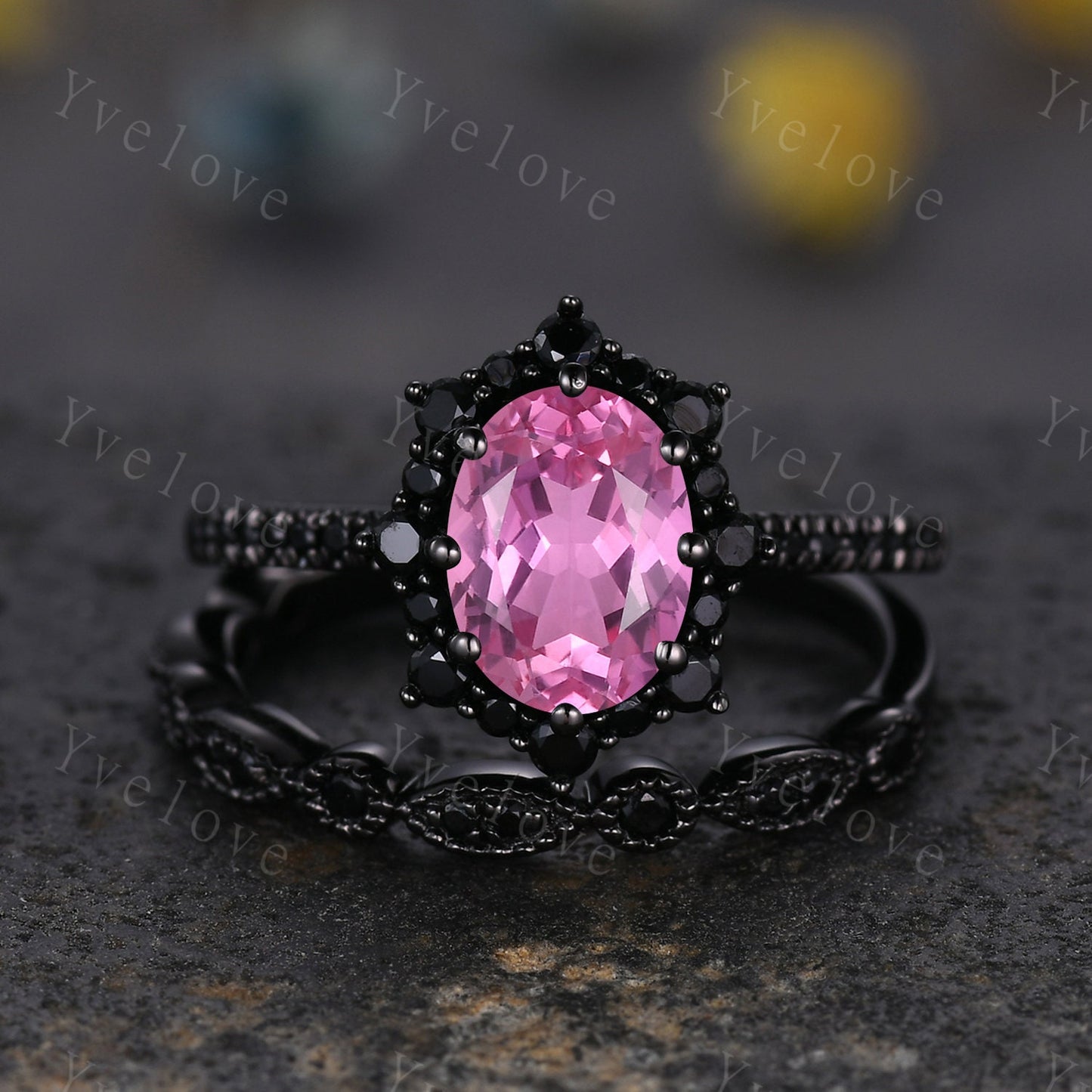 Gothic Oval Cut Pink Sapphire Engagement Ring Set,Black Gold Black Diamond Promise Ring Set Unique Rhodium Black Witchy Ring Bridal Set Gift