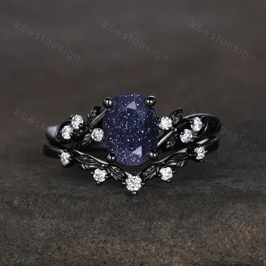 Vintage oval blue sandstone engagement ring set black gold twig leaf moissanite ring nature branch ring unique bridal wedding ring set