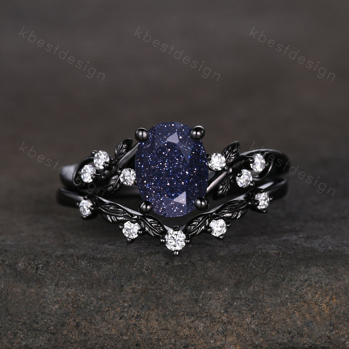 Vintage oval blue sandstone engagement ring set black gold twig leaf moissanite ring nature branch ring unique bridal wedding ring set