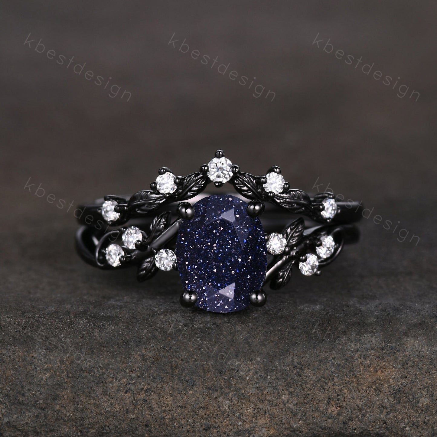 Vintage oval blue sandstone engagement ring set black gold twig leaf moissanite ring nature branch ring unique bridal wedding ring set