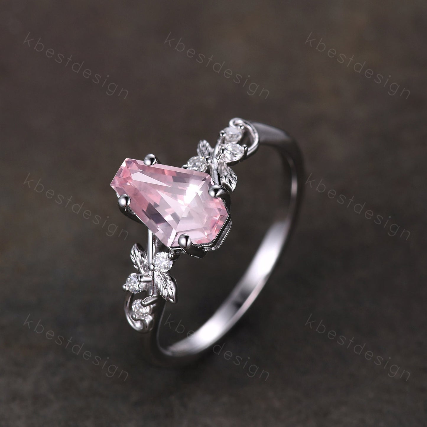 Coffin cut pink sapphire engagement ring silver ring Art deco leaf design moissanite wedding ring nature inspired ring bridal promise ring