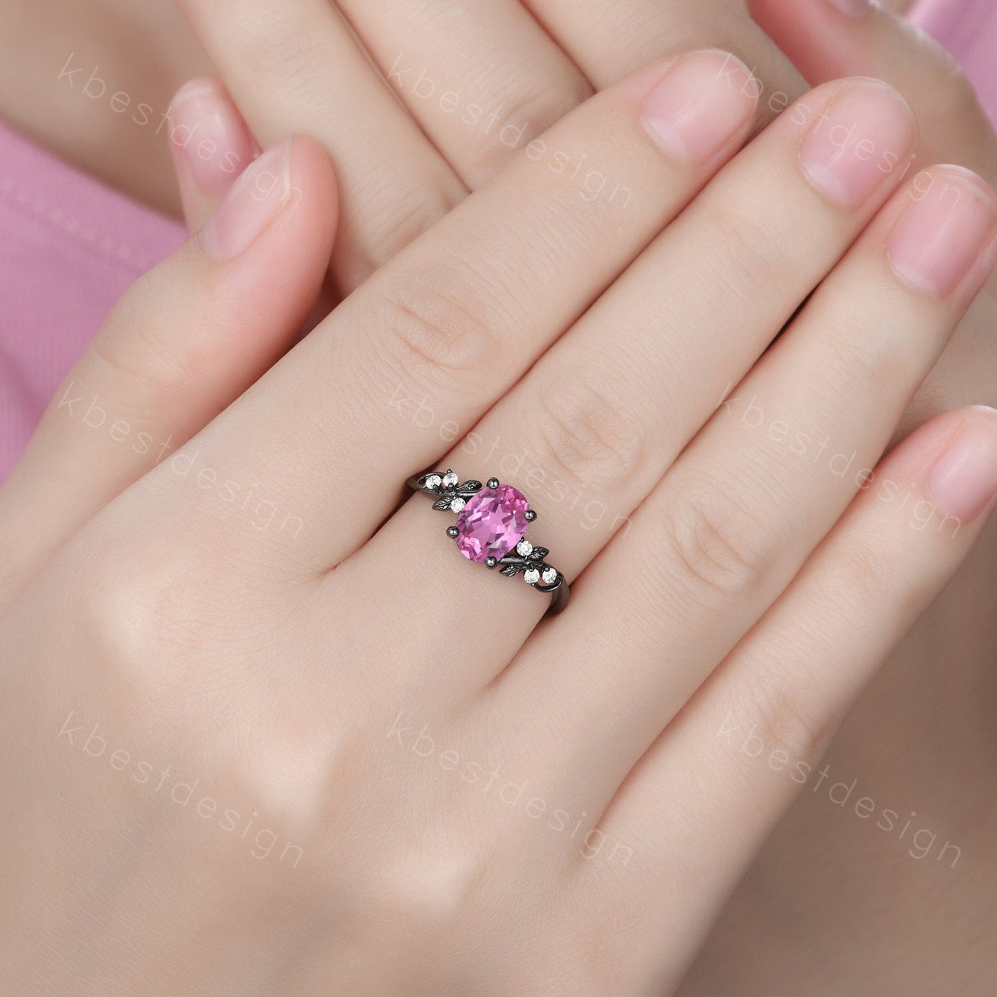 Vintage oval Padparadscha sappphire engagement ring set black gold twig leaf moissanite ring black pink ring unique bridal wedding ring set