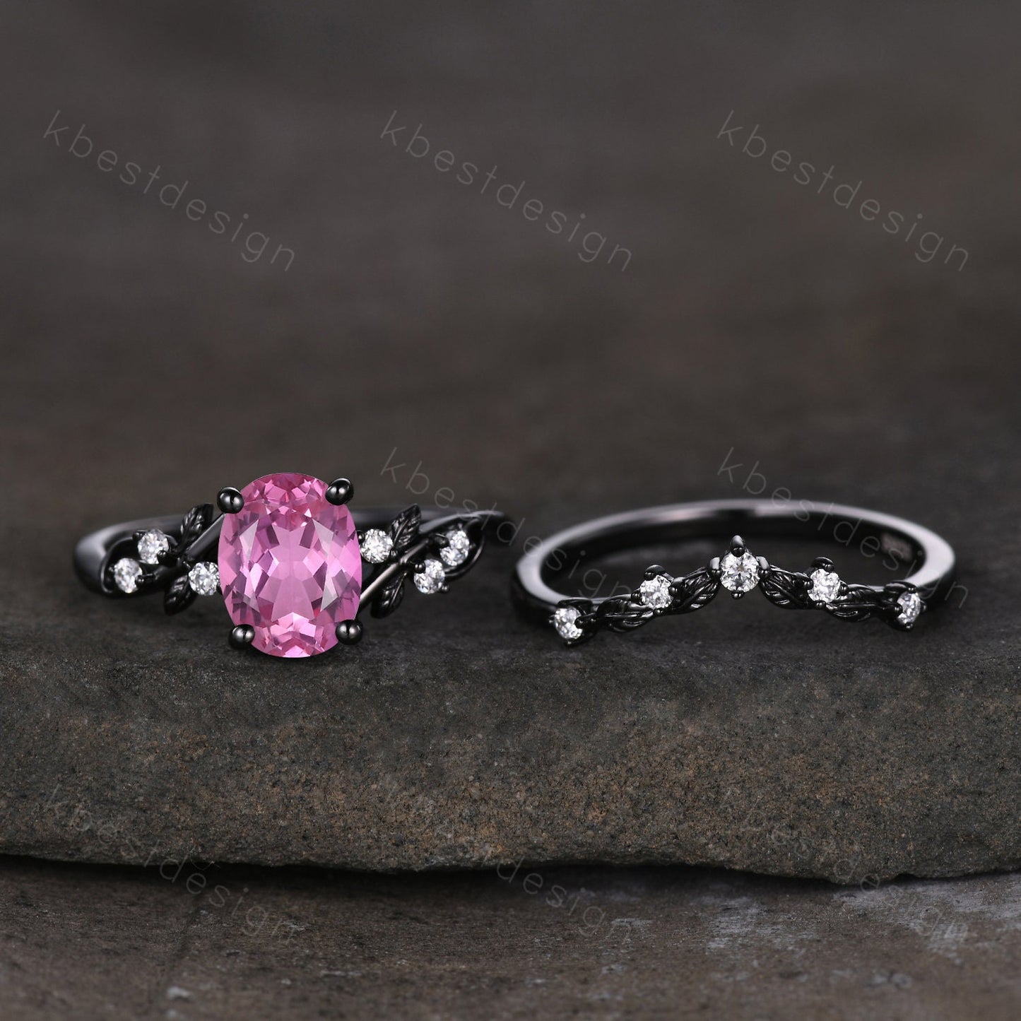 Vintage oval Padparadscha sappphire engagement ring set black gold twig leaf moissanite ring black pink ring unique bridal wedding ring set