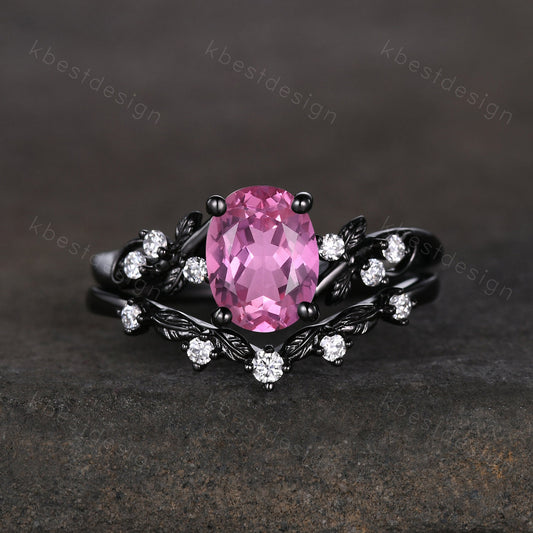 Vintage oval Padparadscha sappphire engagement ring set black gold twig leaf moissanite ring black pink ring unique bridal wedding ring set