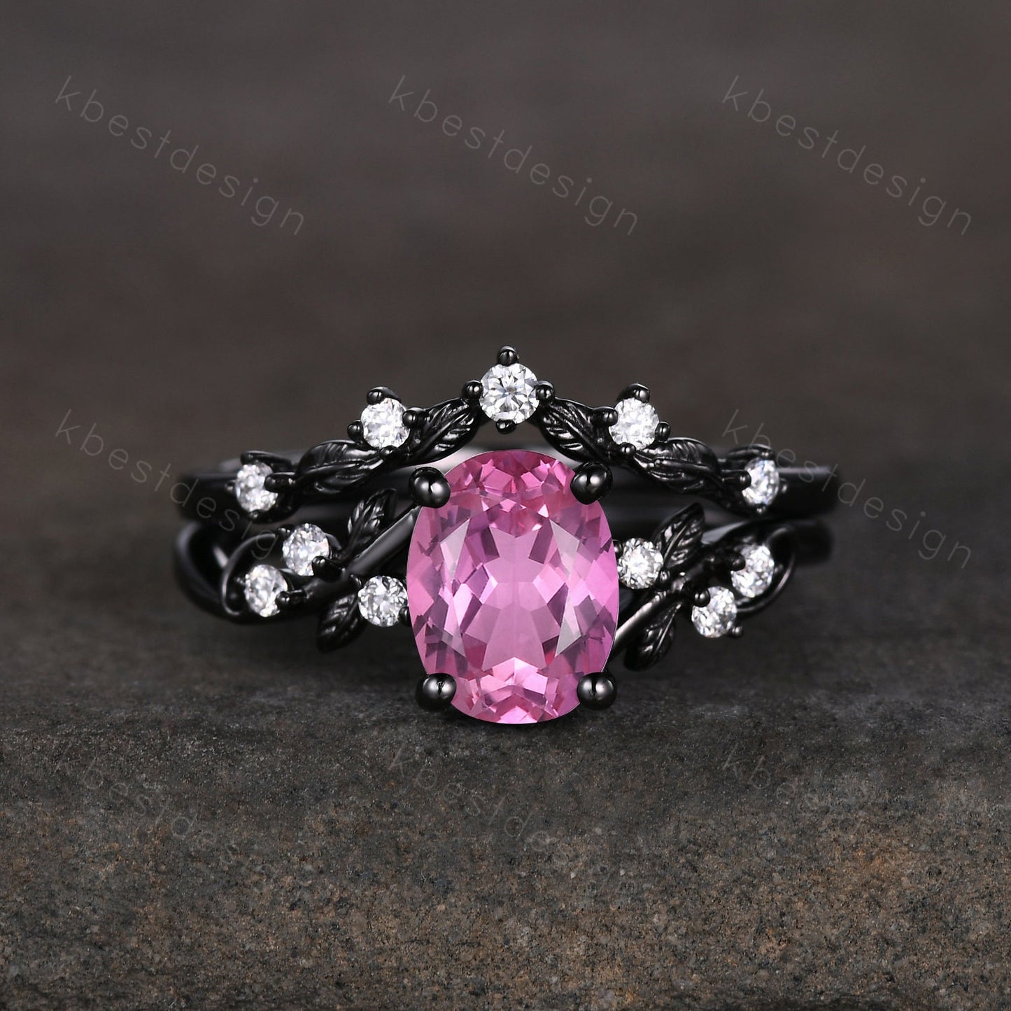 Vintage oval Padparadscha sappphire engagement ring set black gold twig leaf moissanite ring black pink ring unique bridal wedding ring set