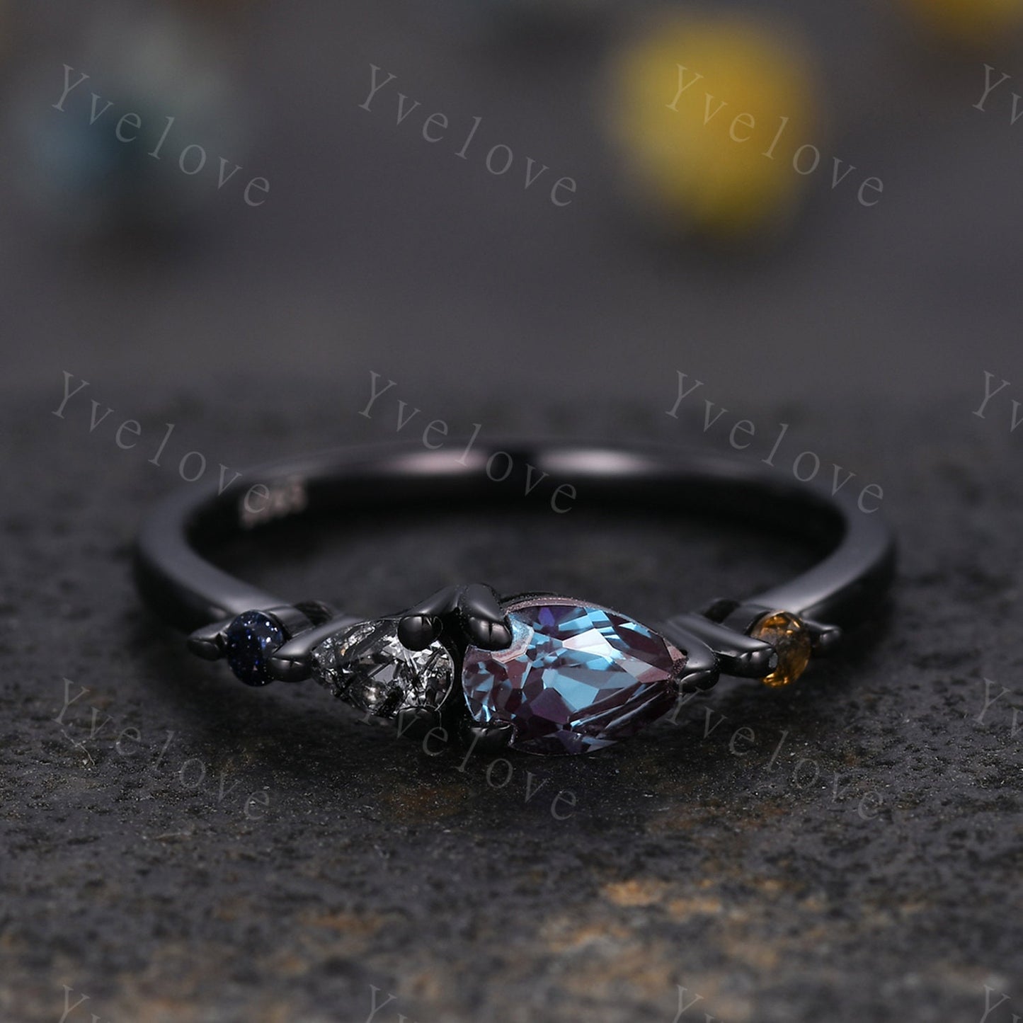 Vintage Alexandrite Citrine Ring Engagement Ring,Pear Cut Gems,Art Deco Sandstone Black Gems Wedding Band,Unique Women Bridal Promise Ring