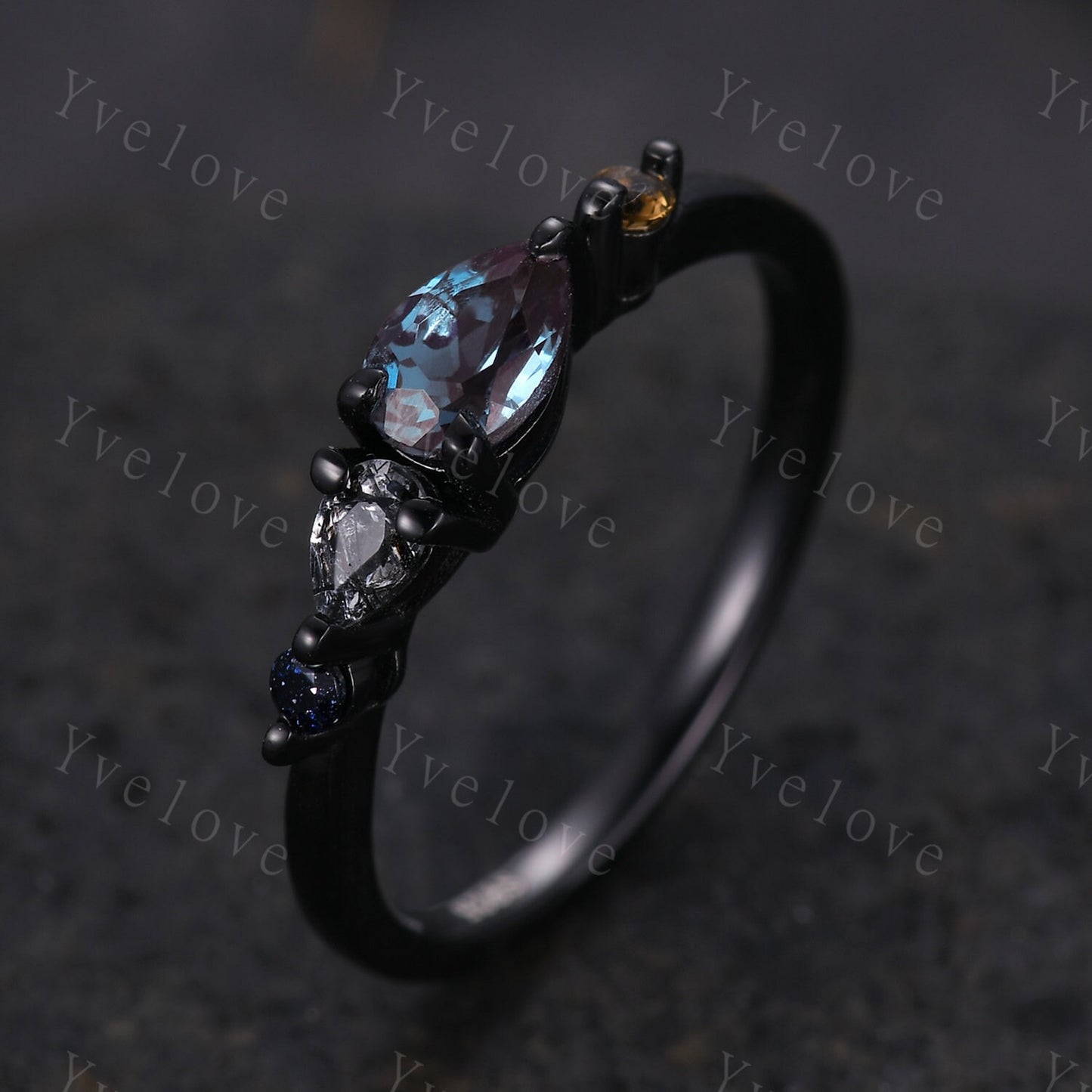 Vintage Alexandrite Citrine Ring Engagement Ring,Pear Cut Gems,Art Deco Sandstone Black Gems Wedding Band,Unique Women Bridal Promise Ring