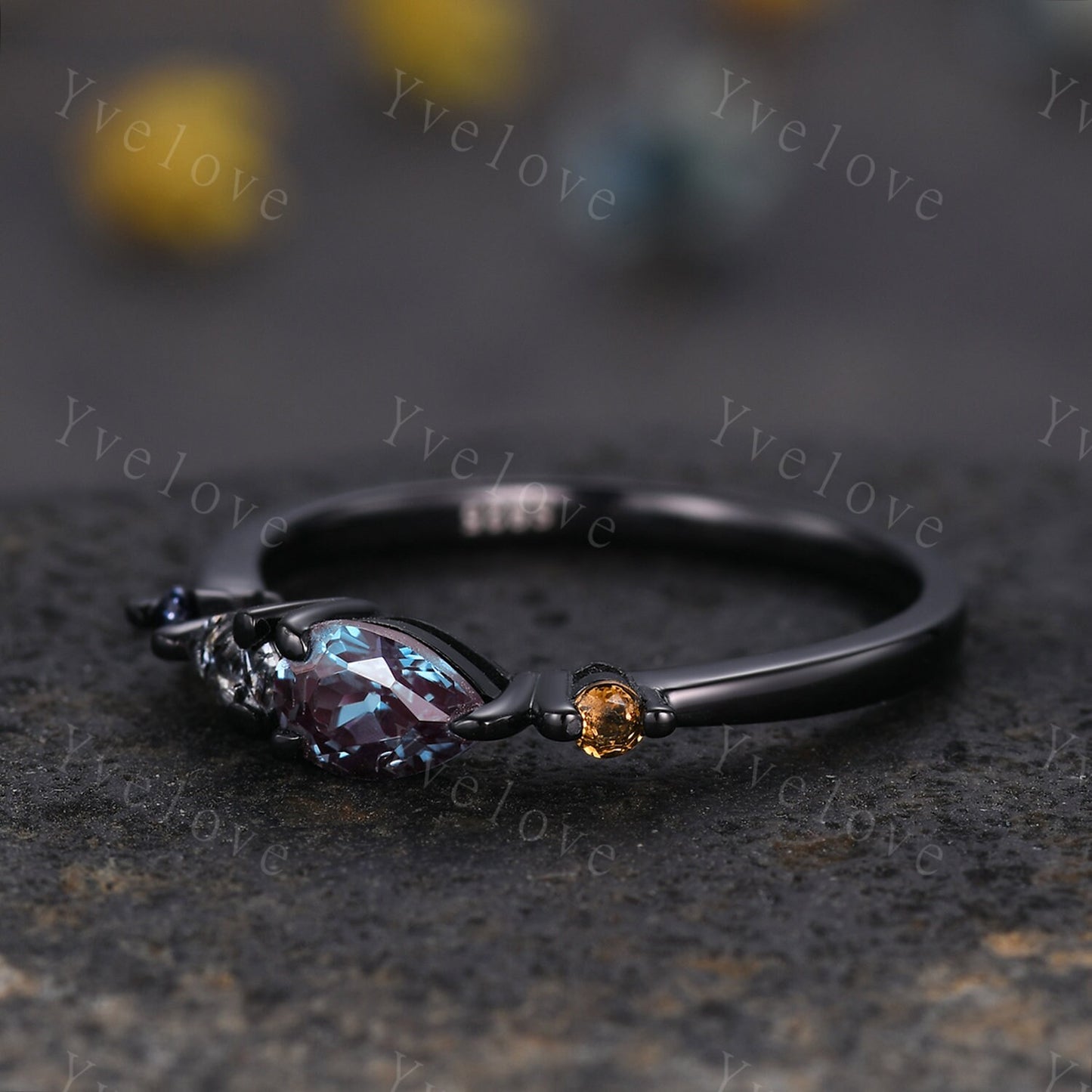 Vintage Alexandrite Citrine Ring Engagement Ring,Pear Cut Gems,Art Deco Sandstone Black Gems Wedding Band,Unique Women Bridal Promise Ring