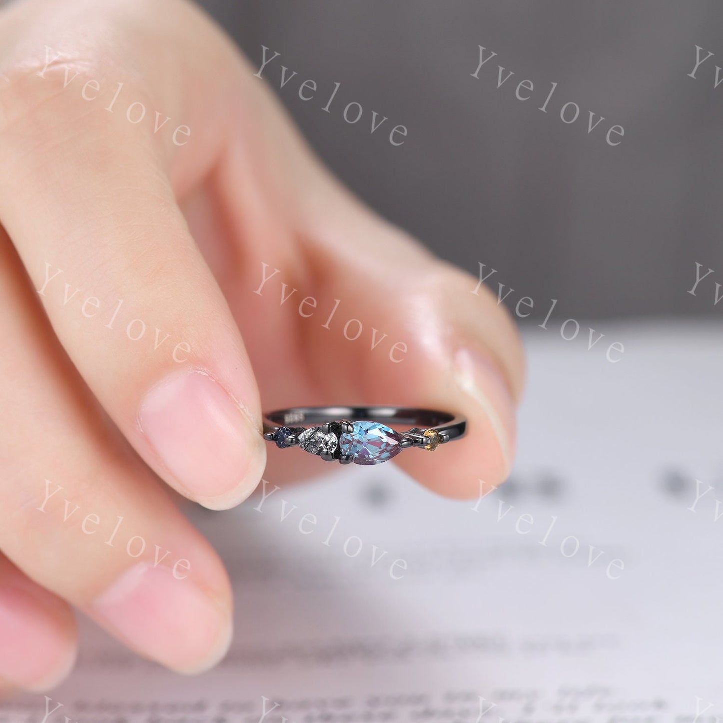 Vintage Alexandrite Citrine Ring Engagement Ring,Pear Cut Gems,Art Deco Sandstone Black Gems Wedding Band,Unique Women Bridal Promise Ring
