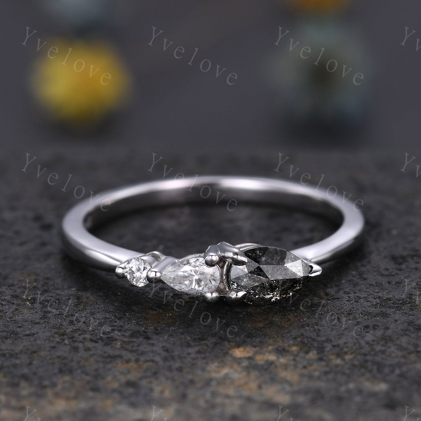 Vintage Salt and Pepper Diamond Engagement Ring,Pear Cut Gems,Art Deco Diamondl Wedding Band,3 Stone Unique Women Bridal Promise Ring Gift