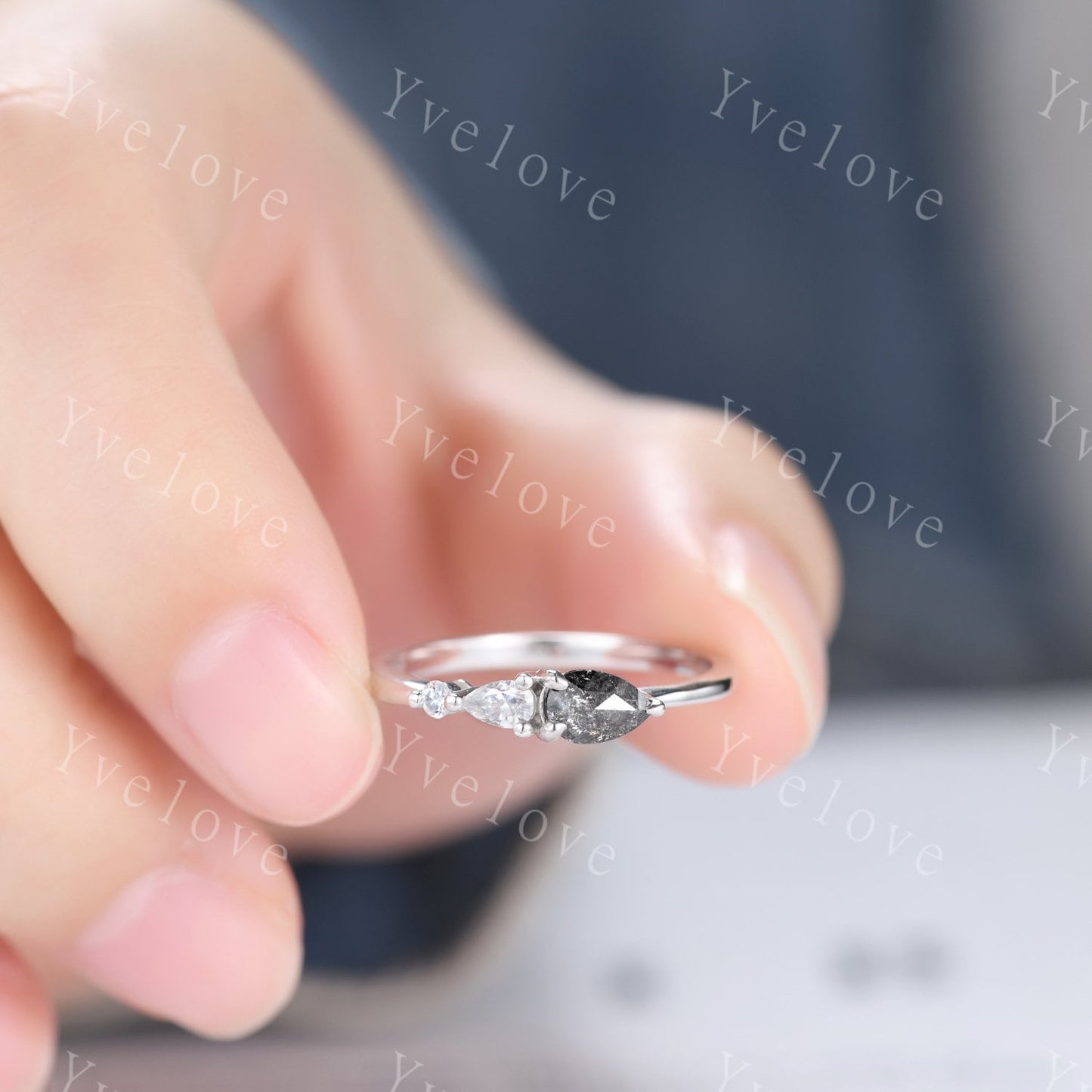 Vintage Salt and Pepper Diamond Engagement Ring,Pear Cut Gems,Art Deco Diamond Wedding Band,3 Stone Unique Women Bridal Promise Ring Gift