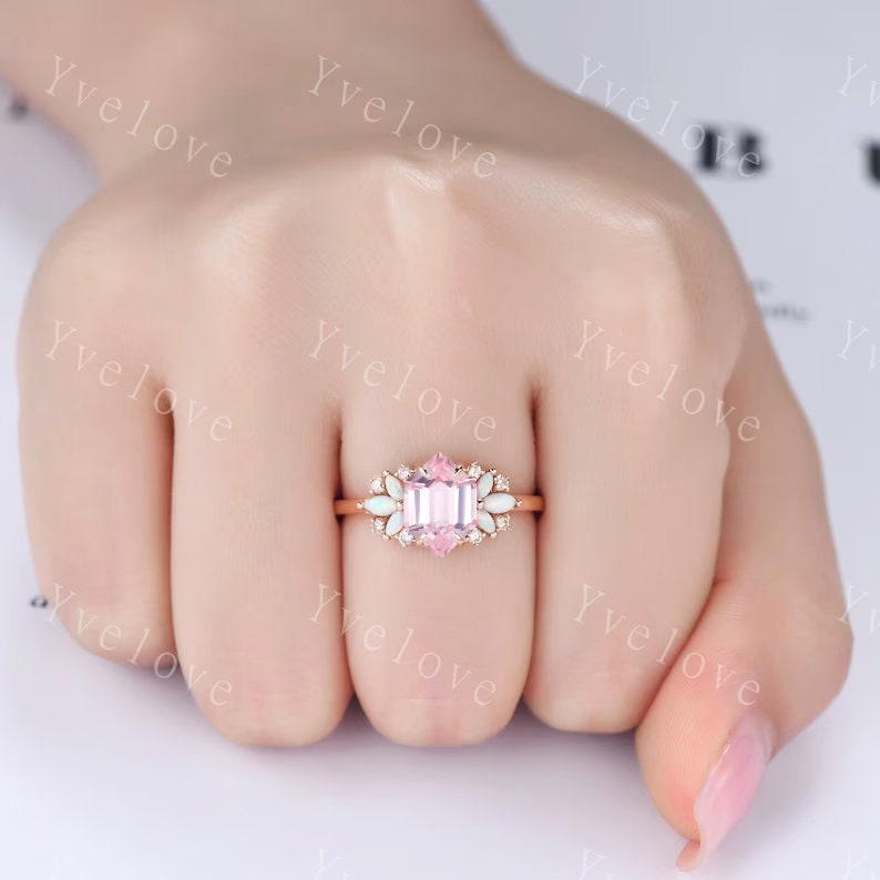 Vintage Hexagon Pink Sapphire Opal engagement ring,Unique Marquise Opal Ring,Cluster Ring,Rose Gold,Women Bridal Wedding Band,Statement Ring