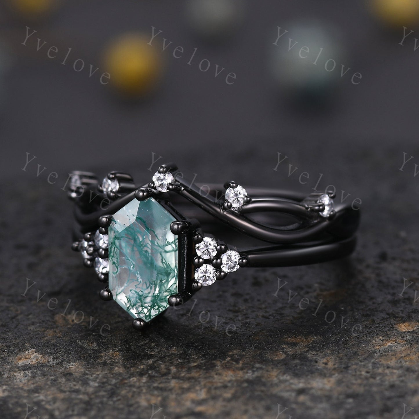 Retro Long hexagon Moss Agate Ring,Vintage Black Silver Ring Set,Unique Agate Engagement Ring,Promise Ring,Anniversary Ring Gift For Her