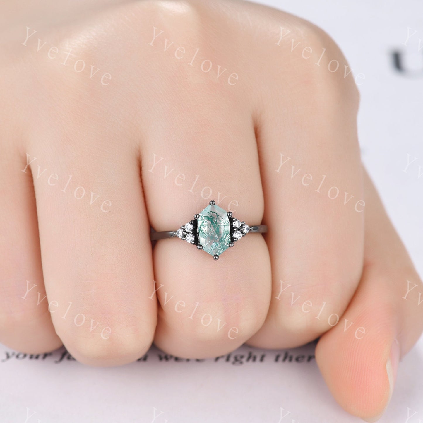 Retro Long hexagon Moss Agate Ring,Vintage Black Silver Ring Set,Unique Agate Engagement Ring,Promise Ring,Anniversary Ring Gift For Her