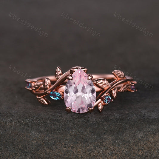 Vintage pink sapphire engagement ring rose gold leaf design alexandrite wedding ring art deco nature branch ring unique bridal promise ring