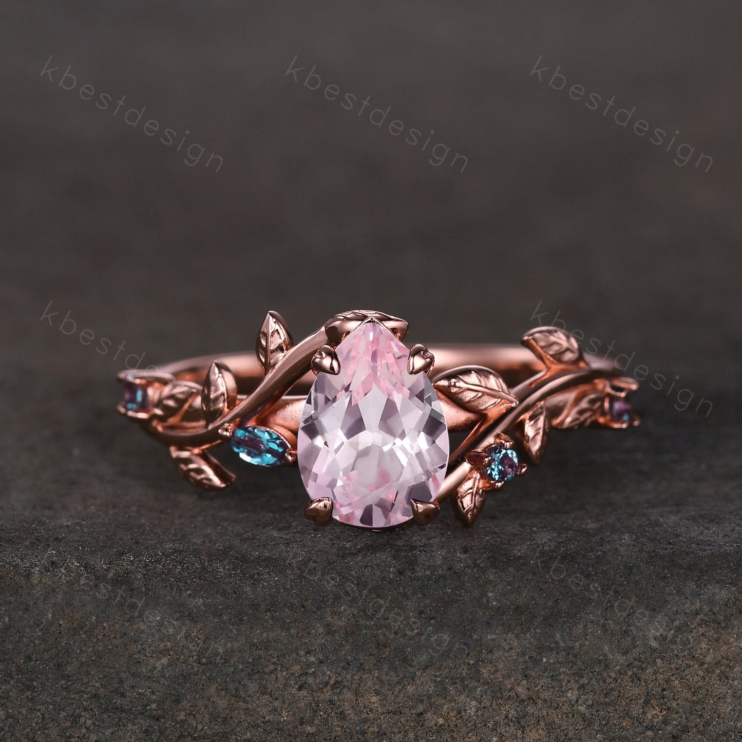Vintage pink sapphire engagement ring rose gold leaf design alexandrite wedding ring art deco nature branch ring unique bridal promise ring