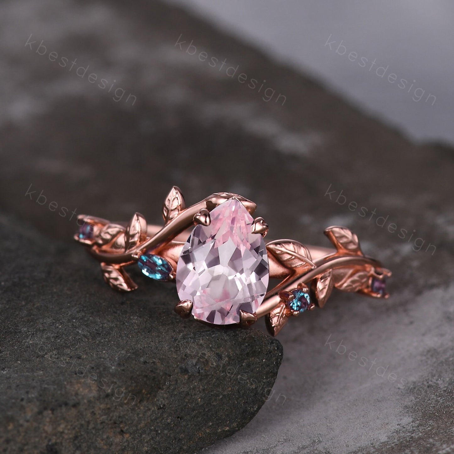 Vintage pink sapphire engagement ring rose gold leaf design alexandrite wedding ring art deco nature branch ring unique bridal promise ring