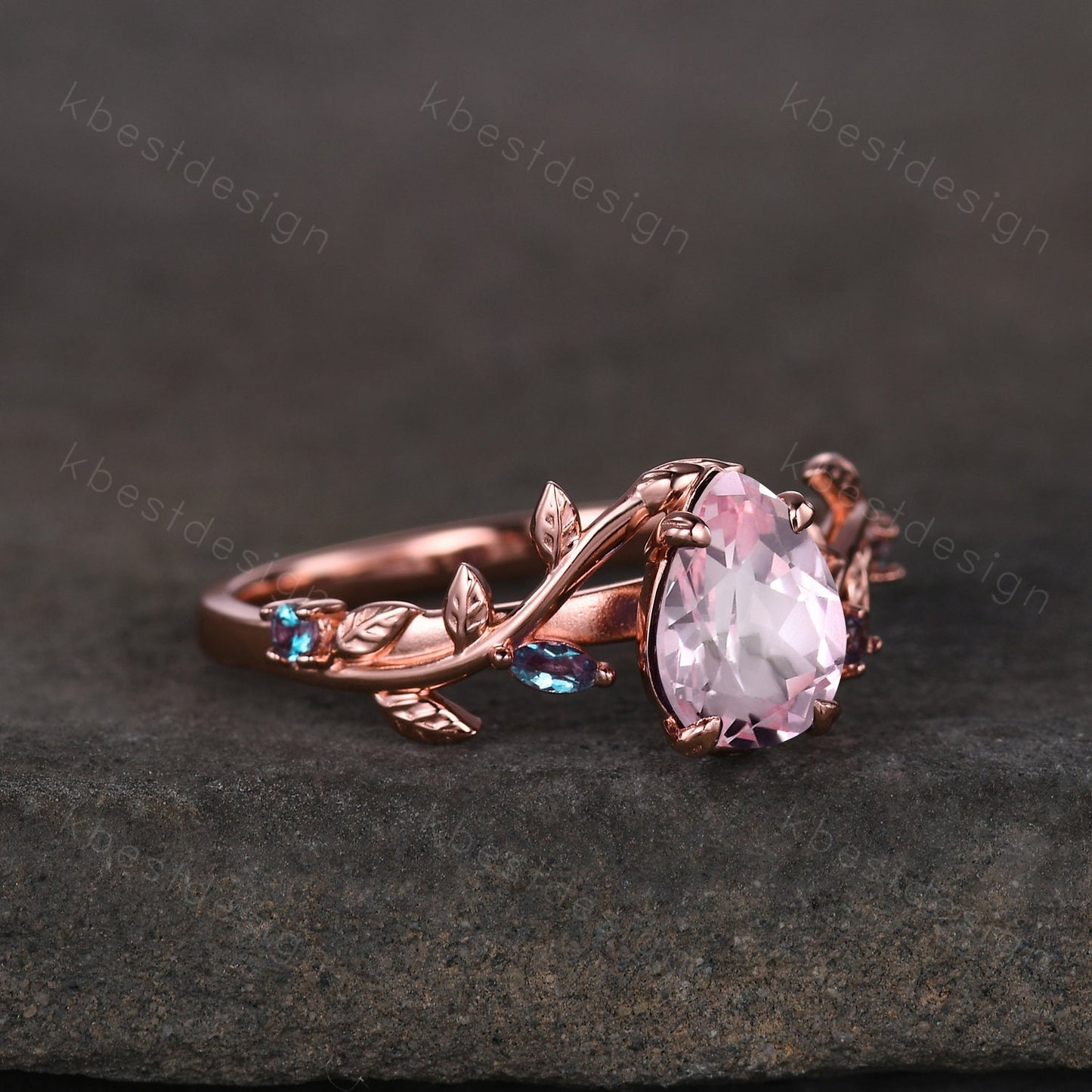 Vintage pink sapphire engagement ring rose gold leaf design alexandrite wedding ring art deco nature branch ring unique bridal promise ring