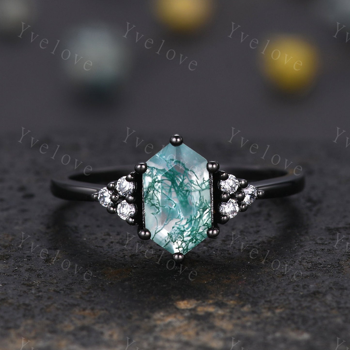 Retro Long hexagon Moss Agate Ring,Vintage Black Silver Ring Set,Unique Agate Engagement Ring,Promise Ring,Anniversary Ring Gift For Her