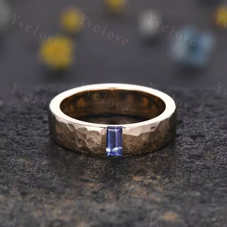Mens Tanzanite Wedding Band Baguette Cut Tanzanite Band 5mm Black Gold Ring Mens Hammered Stacking Matching Band Retro Ring Gift For Father
