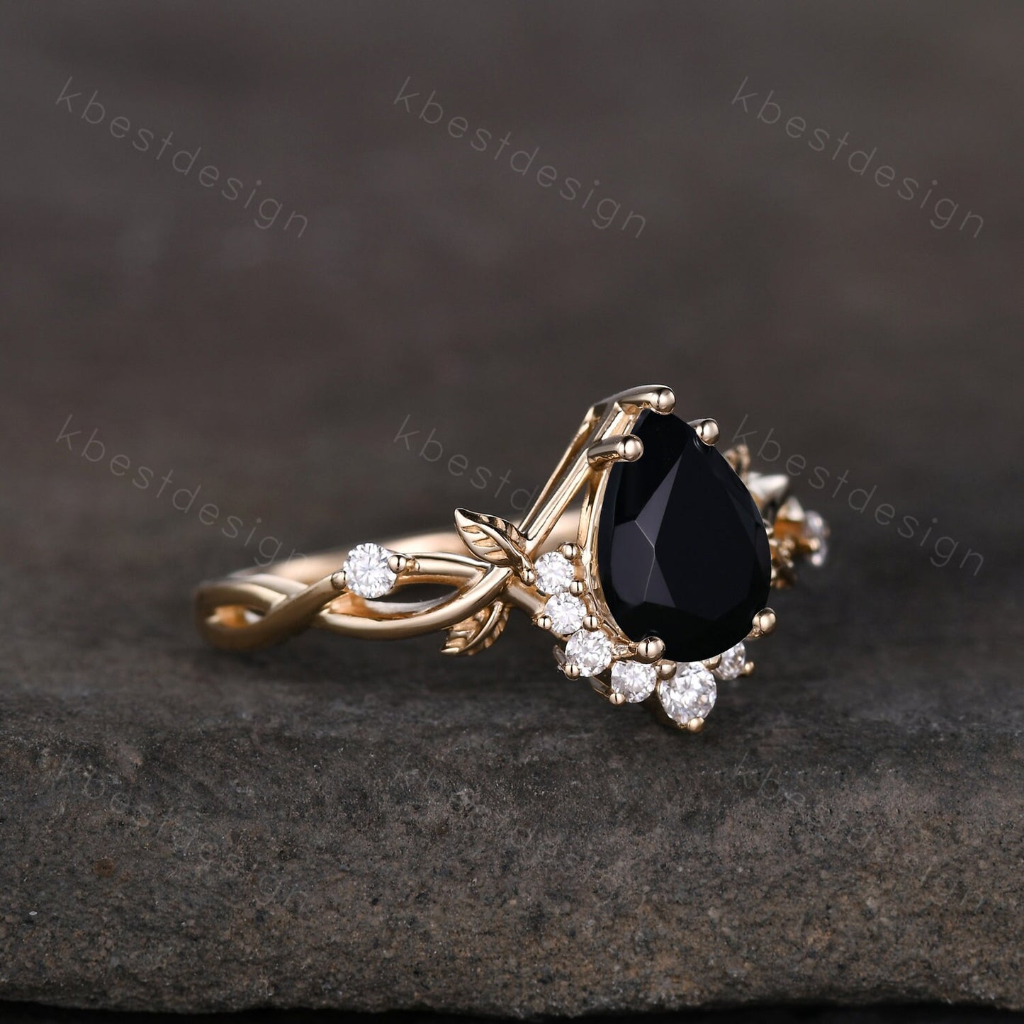 Vintage pear black onyx engagement ring yellow gold twig leaf wedding ring nature branch ring art deco moissanite bridal promise ring
