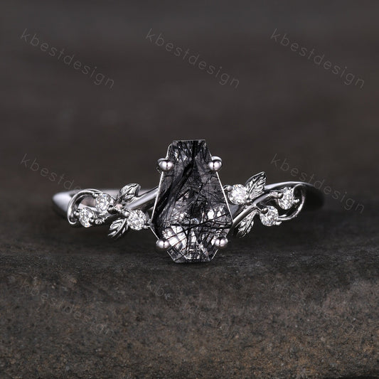 Coffin cut black rutilated quartz engagement ring sterling silver ring Art deco leaf design moissanite Bridal ring Unique twist ring
