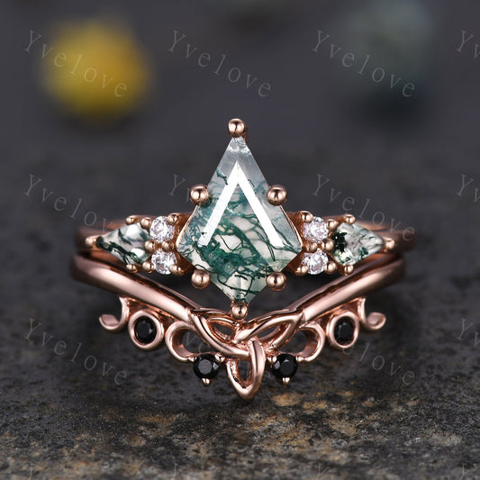 Natural Agate Engagement Ring Set Kite Green Moss Agate Ring Sterling Silver Ring Promise Ring Green Black Gemstone Anniversary Gift For Her
