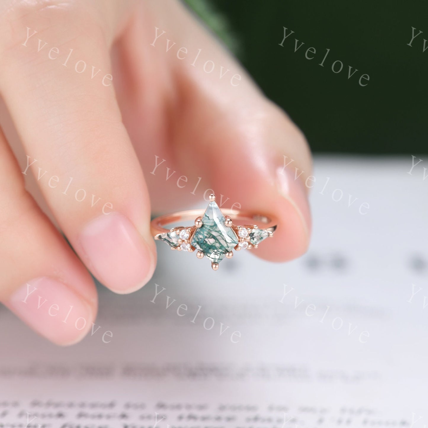 Natural Agate Engagement Ring Kite Green Moss Agate Ring Rose Gold Ring Promise Ring Real Diamond  Anniversary Gift For Her Personalized