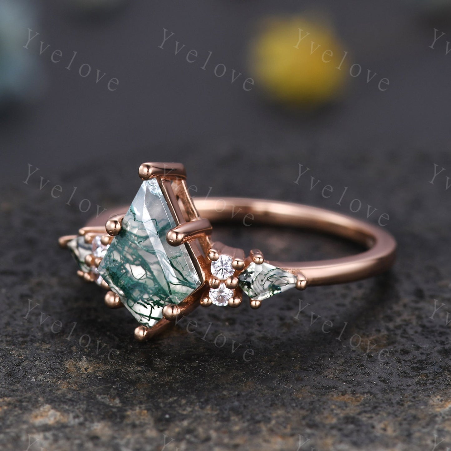 Natural Agate Engagement Ring Set Kite Green Moss Agate Ring Sterling Silver Ring Promise Ring Green Black Gemstone Anniversary Gift For Her