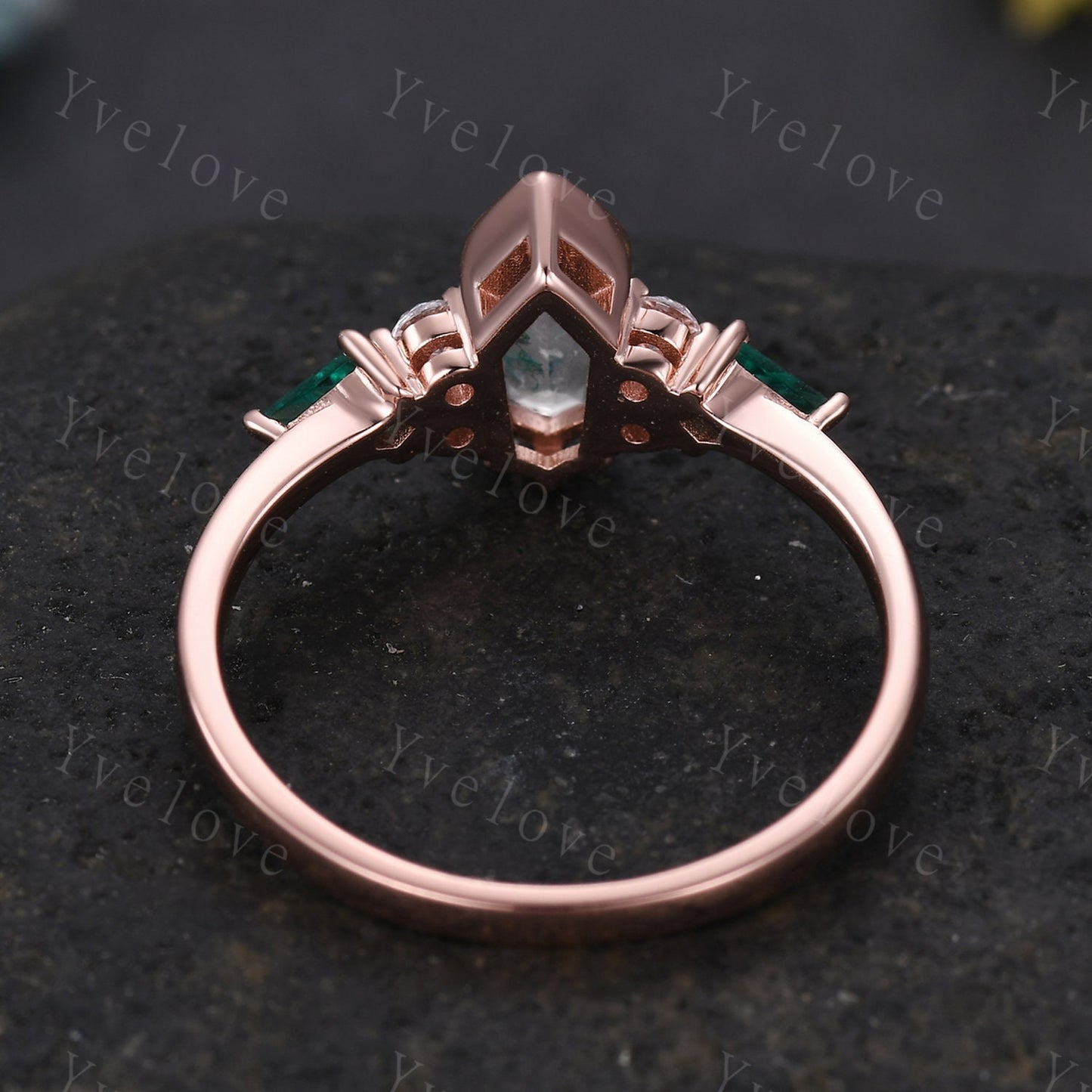 Gothic Coffin cut Moss Agate Engagement Ring,Unique Natural Green Agate Ring,Kite Emerald Ring,Rose Gold Diamond Anniversary Gift Bridal Set