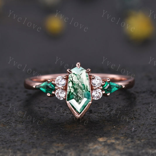 Gothic Coffin cut Moss Agate Engagement Ring,Unique Natural Green Agate Ring,Kite Emerald Ring,Rose Gold Diamond Anniversary Gift Bridal Set