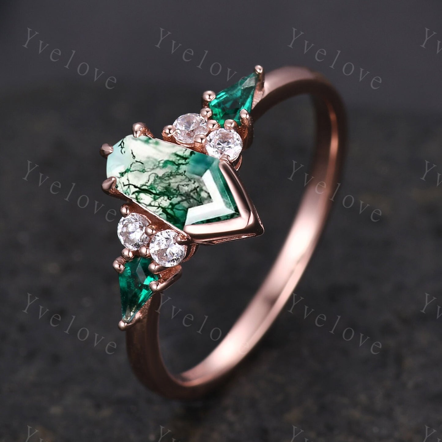Gothic Coffin cut Moss Agate Engagement Ring,Unique Natural Green Agate Ring,Kite Emerald Ring,Rose Gold Diamond Anniversary Gift Bridal Set