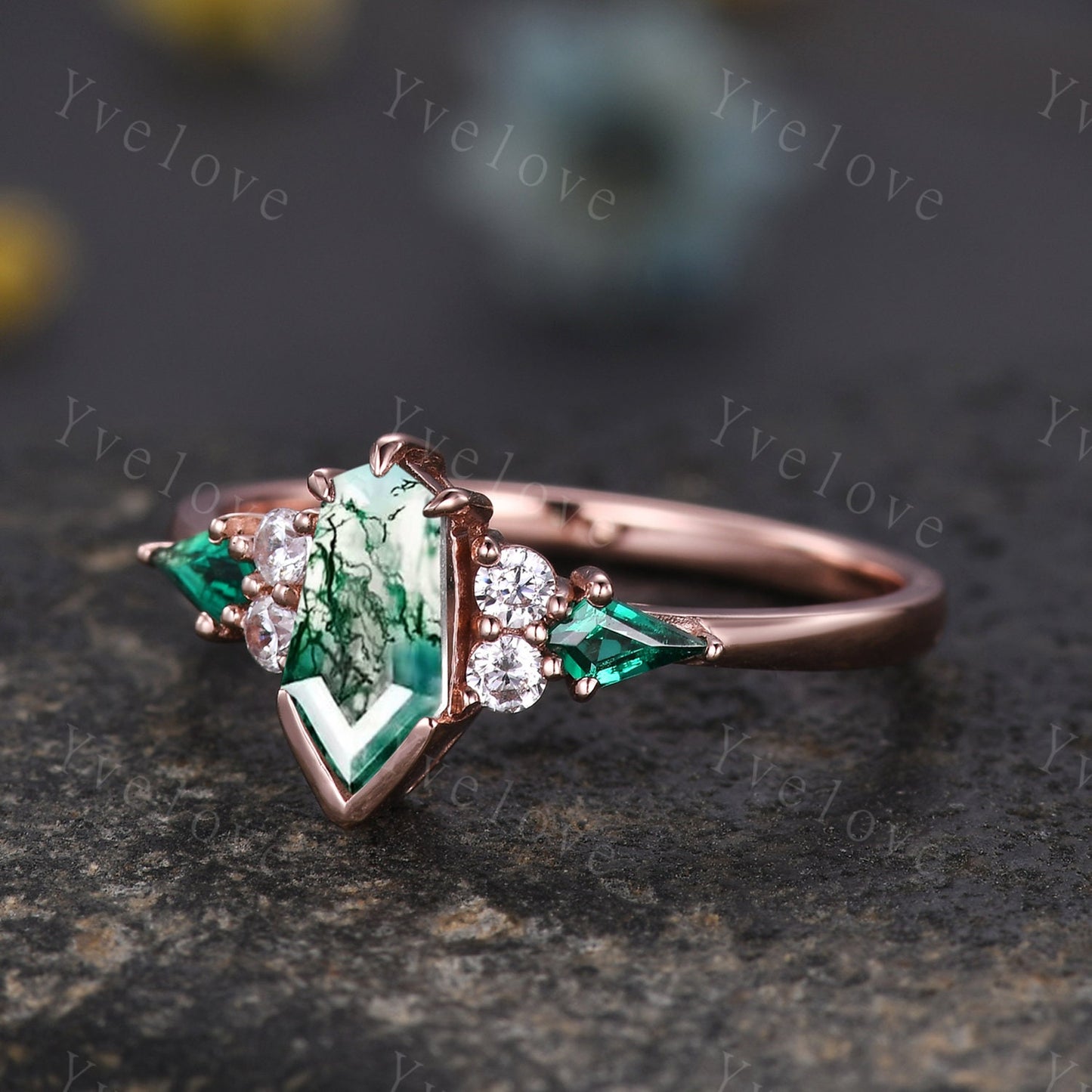 Gothic Coffin cut Moss Agate Engagement Ring,Unique Natural Green Agate Ring,Kite Emerald Ring,Rose Gold Diamond Anniversary Gift Bridal Set