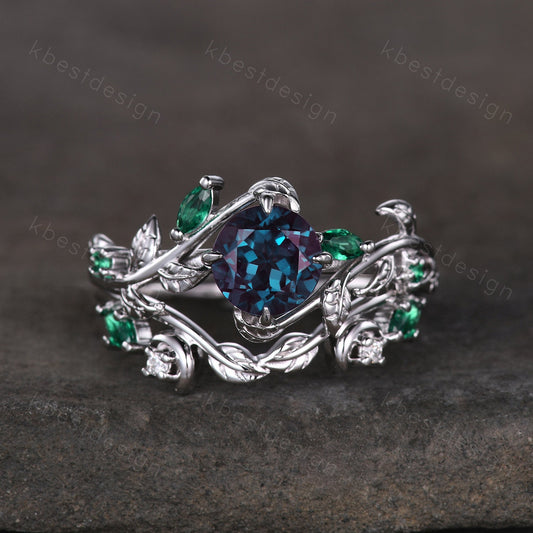 Vintage round cut alexandrite engagement ring silver art deco cluster leaf emerald wedding ring set nature inspired bridal promise ring