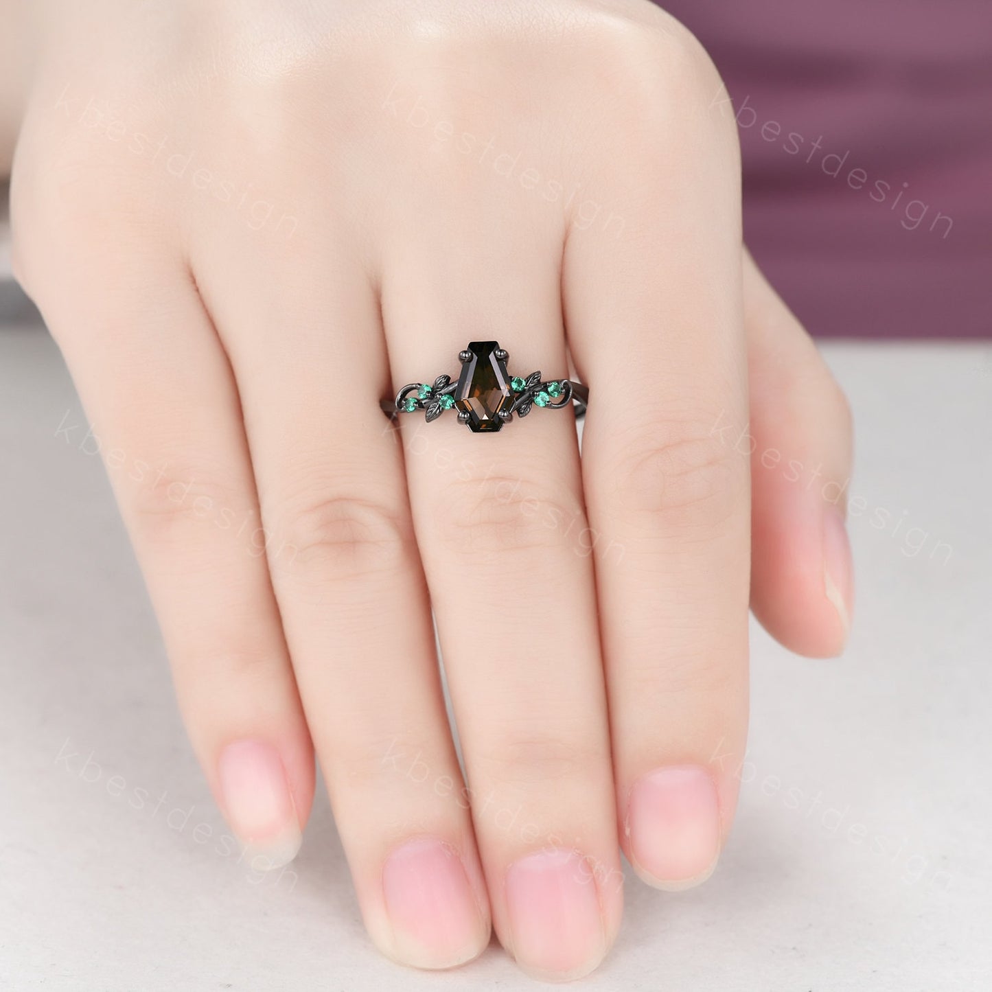 Coffin cut smoky quartz engagement ring Black gold ring Art deco leaf design emerald wedding ring nature inspired ring bridal promise ring