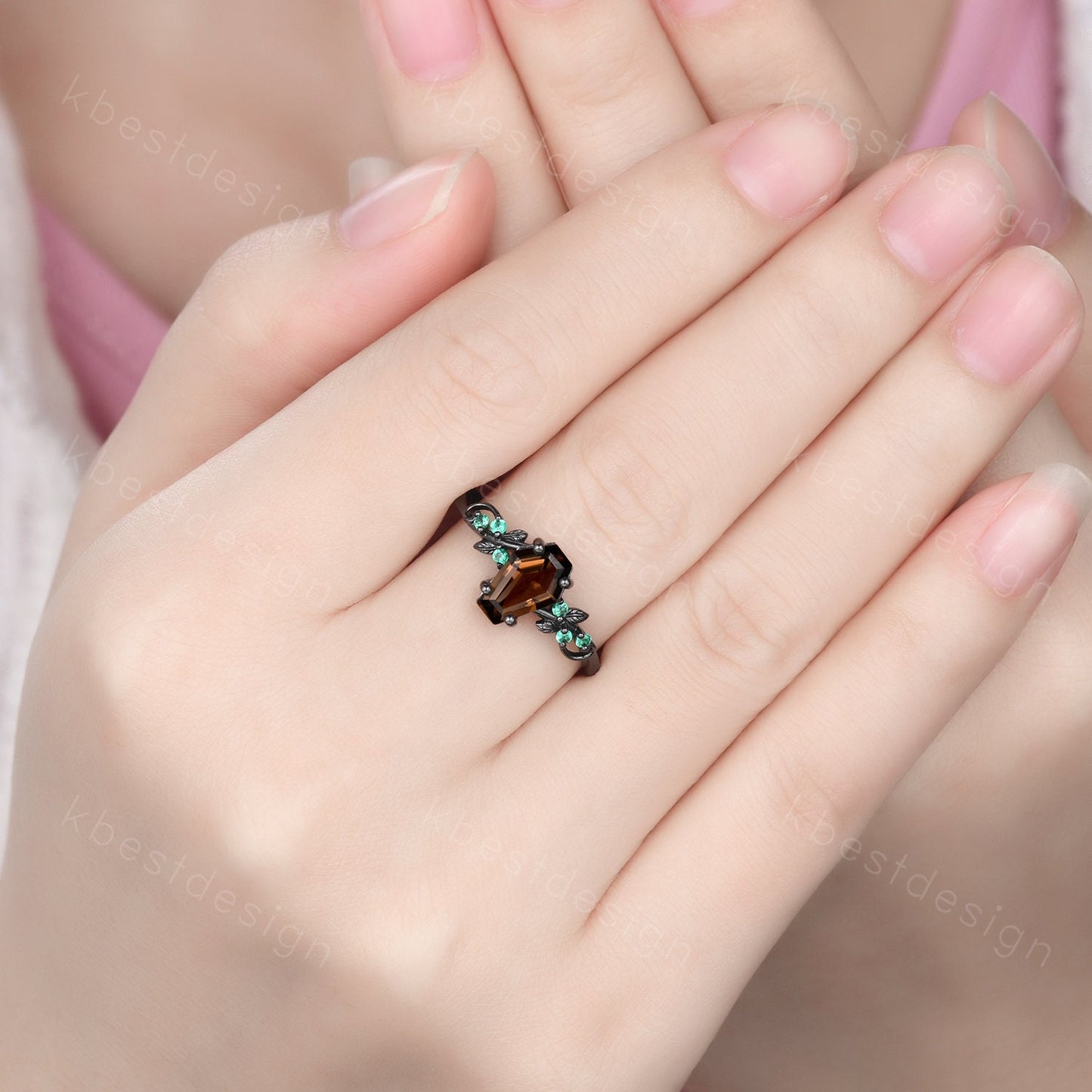 Coffin cut smoky quartz engagement ring Black gold ring Art deco leaf design emerald wedding ring nature inspired ring bridal promise ring
