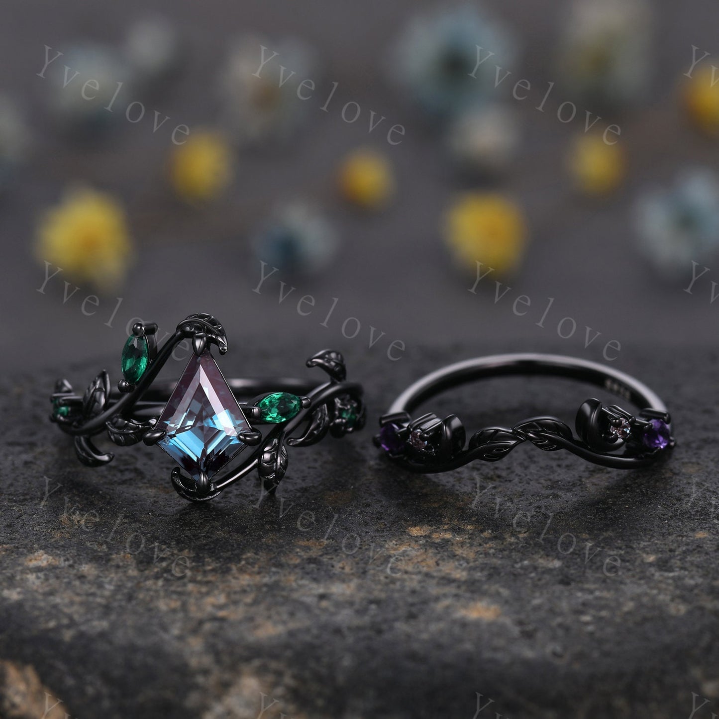 Vintage Kite Alexandrite Engagement Ring Set,Black Gold,Leaf Emerald Amethyst Ring,Women Bridal Set,Unique Nature Inspired Promise Ring Gift