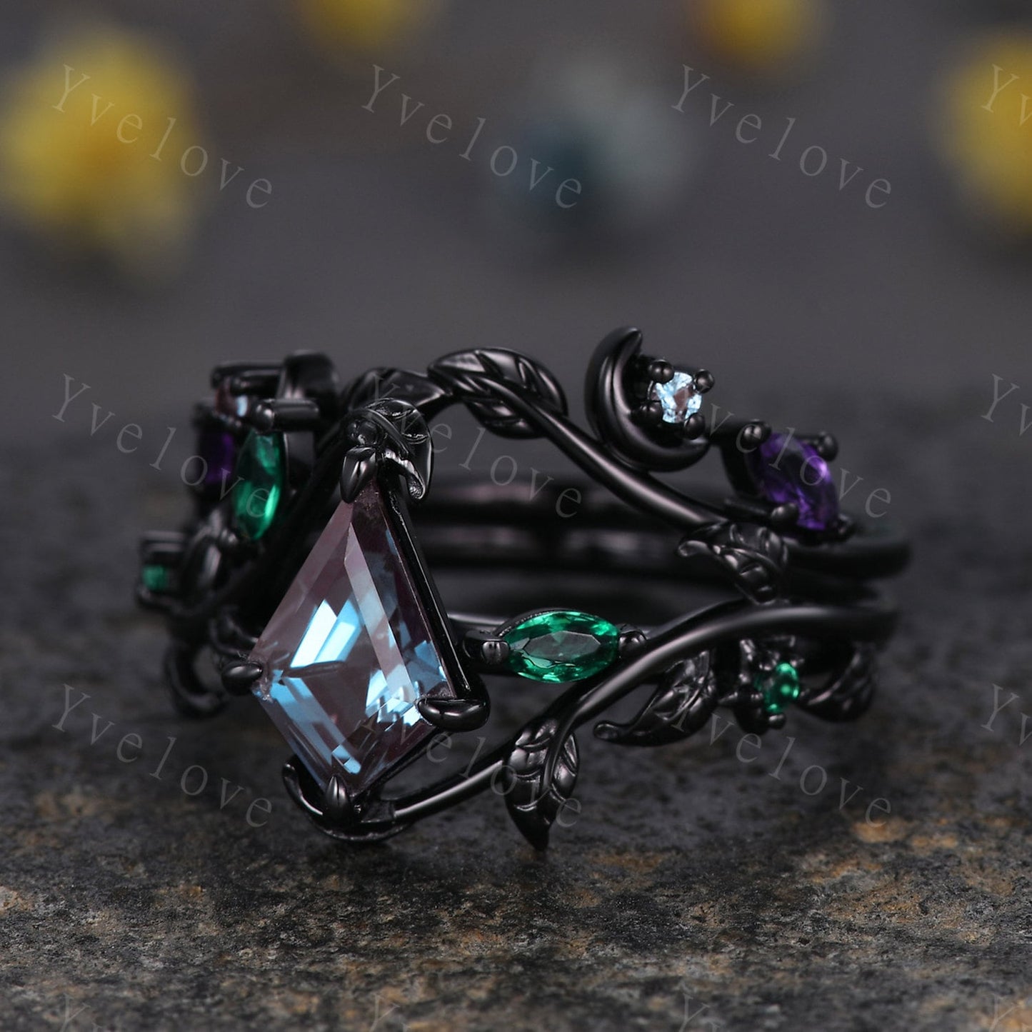 Vintage Kite Alexandrite Engagement Ring Set,Black Gold,Leaf Emerald Amethyst Ring,Women Bridal Set,Unique Nature Inspired Promise Ring Gift