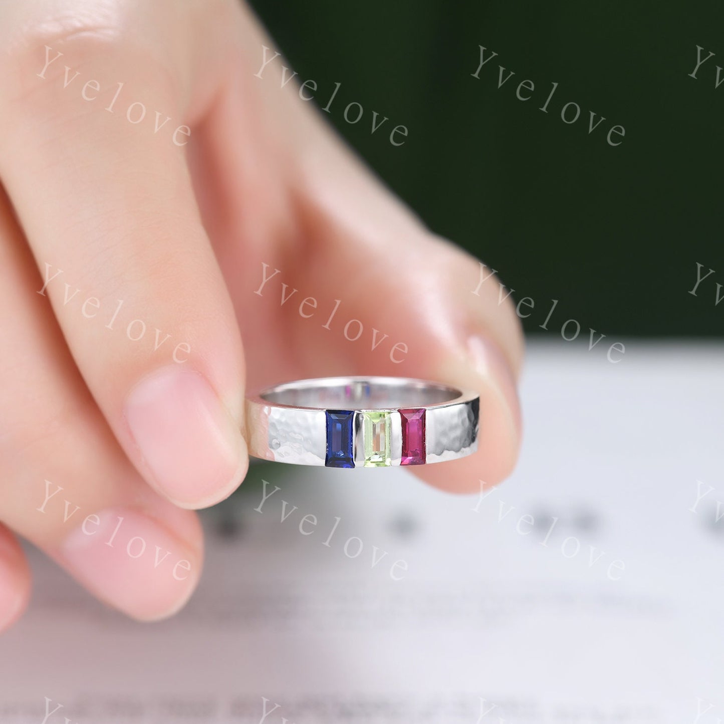 Retro Mens Baguette Peridot Ruby Sapphire Wedding Band 5mm Hammered Band Silver Ring Mens Stackable Matching Band Birthstone Gift For Him
