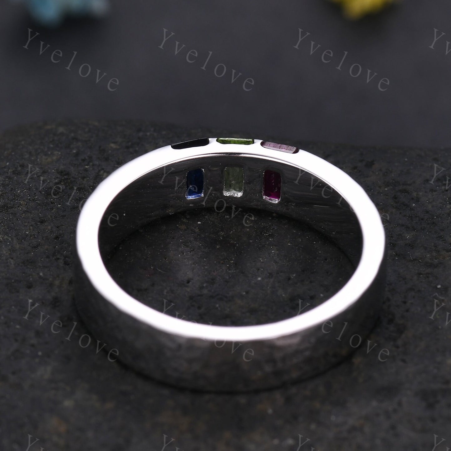 Retro Mens Baguette Peridot Ruby Sapphire Wedding Band 5mm Hammered Band Silver Ring Mens Stackable Matching Band Birthstone Gift For Him