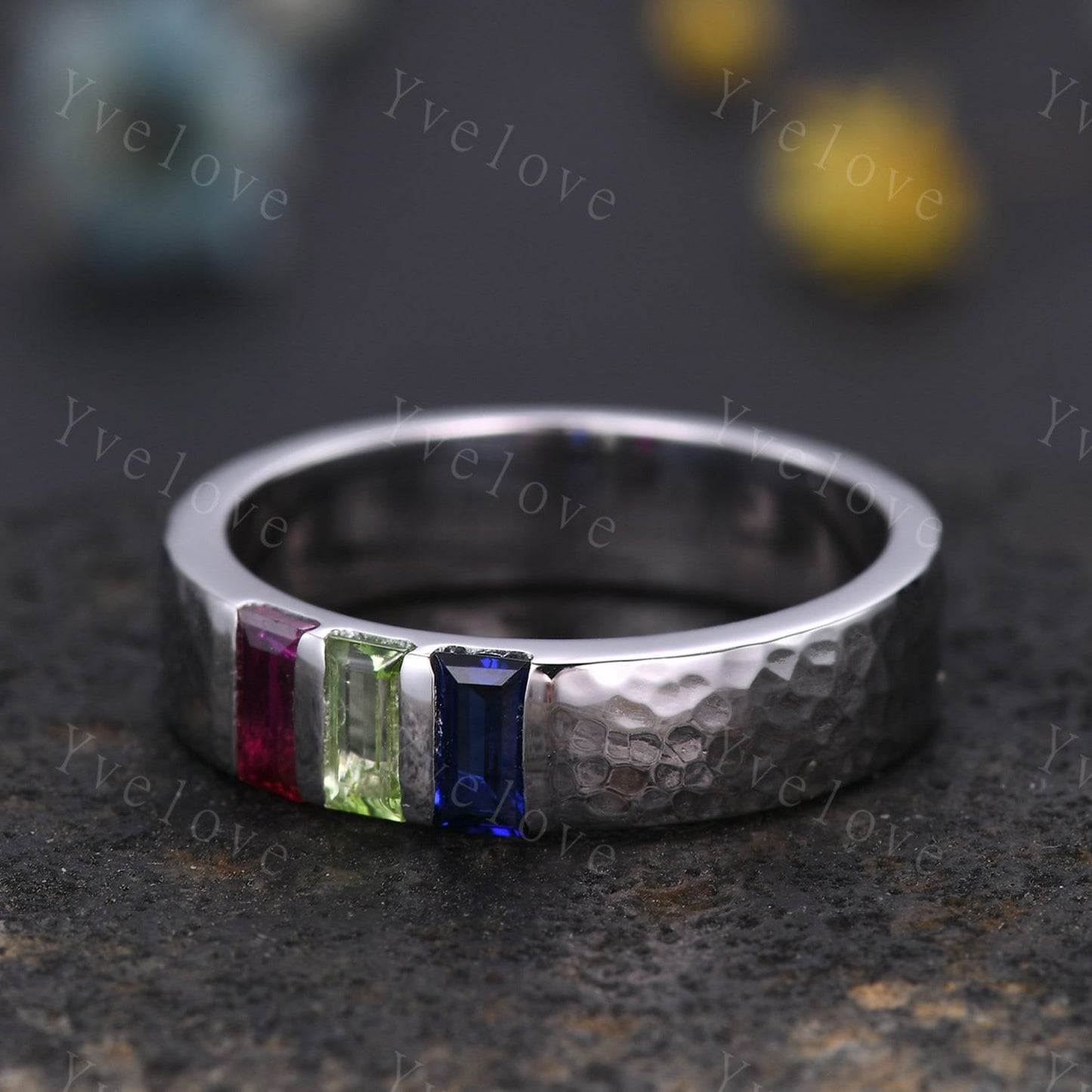 Retro Mens Baguette Peridot Ruby Sapphire Wedding Band 5mm Hammered Band Silver Ring Mens Stackable Matching Band Birthstone Gift For Him