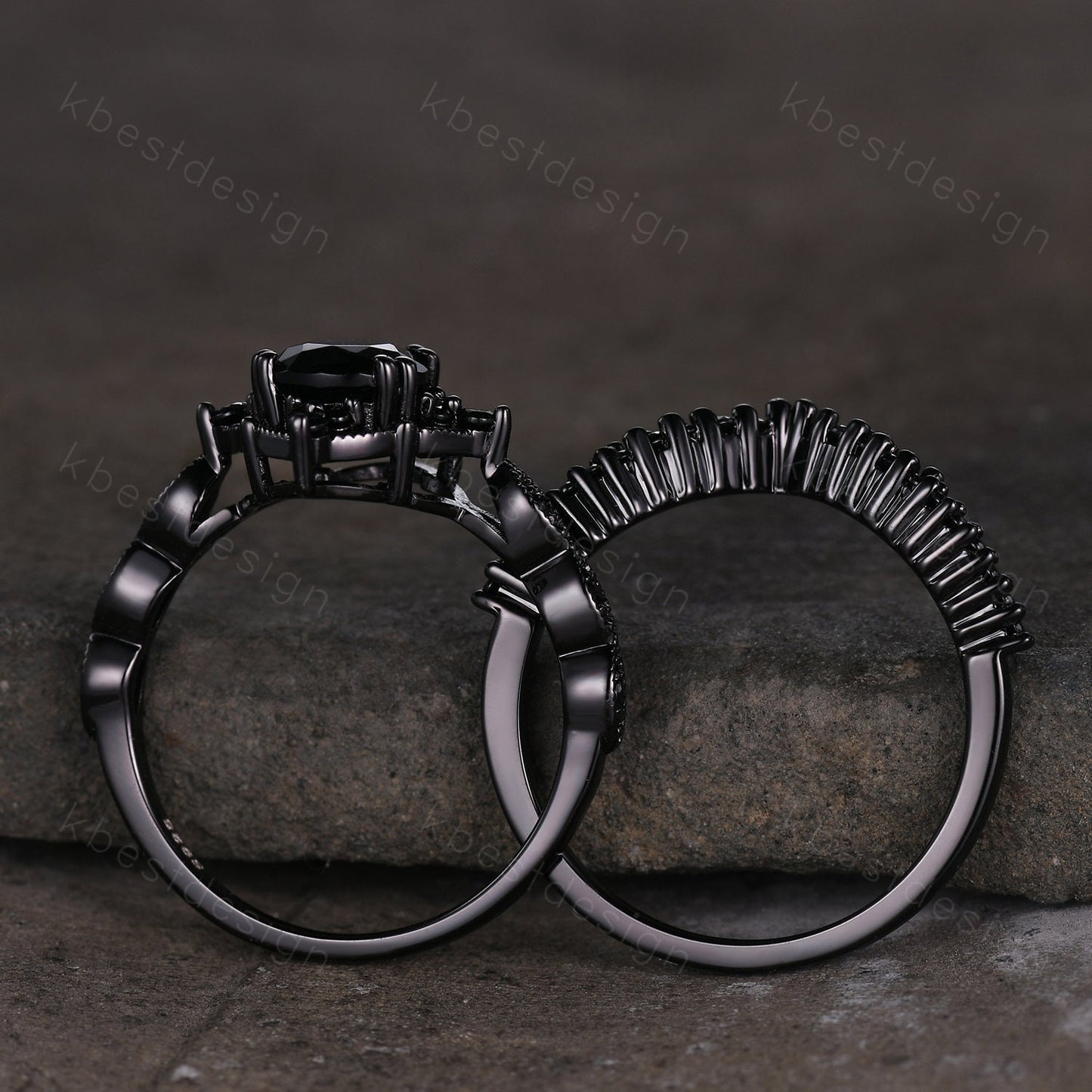 Vintage black onyx engagement ring black gold ring art deco curved stacking band pear shaped bridal set unique black stone wedding set