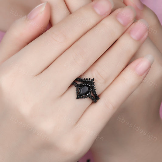 Vintage black onyx engagement ring black gold ring art deco curved stacking band pear shaped bridal set unique black stone wedding set