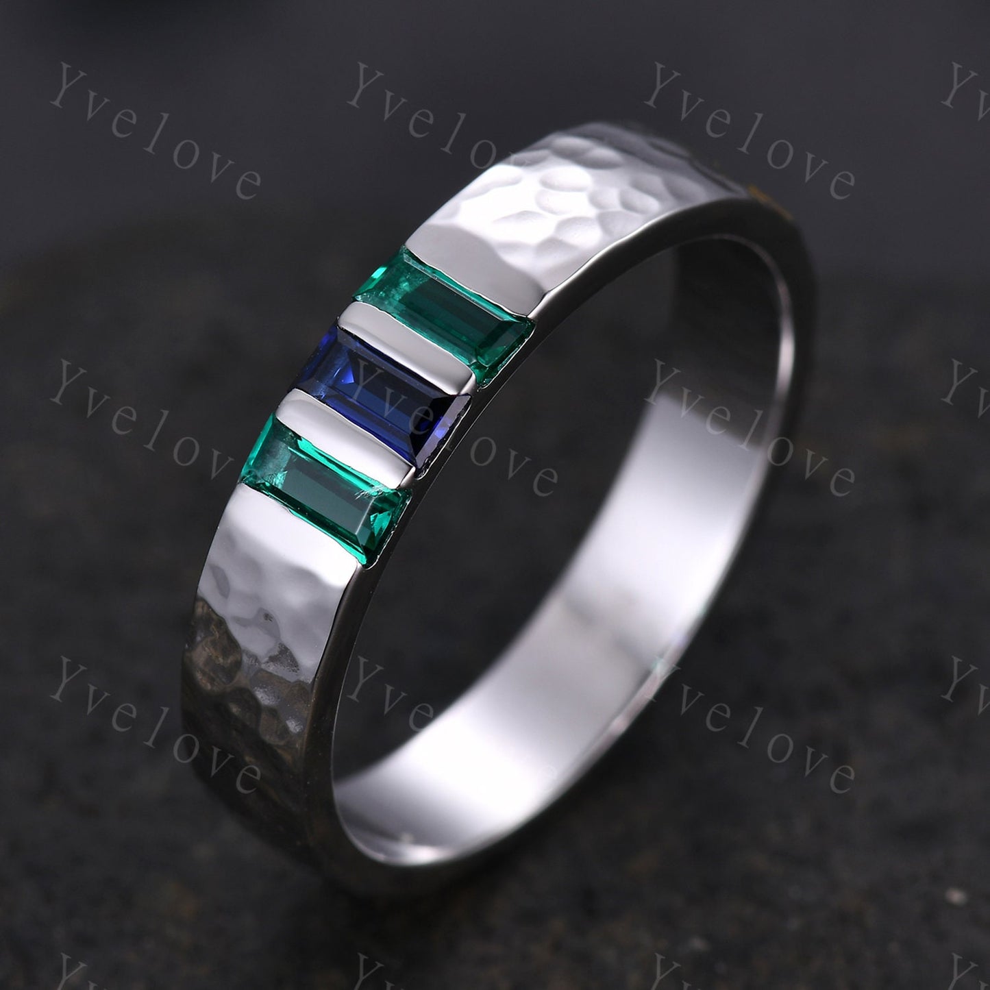 Retro Mens Baguette Sapphire Emerald Wedding Band 5mm Hammered Band Platinum Ring Men Stackable Matching Band Family Birthstone Gift For Him