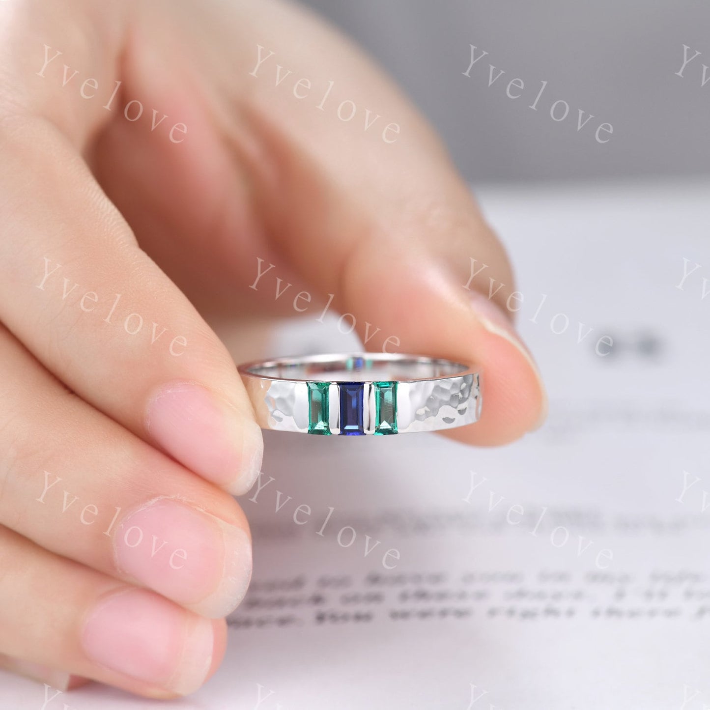 Retro Mens Baguette Sapphire Emerald Wedding Band 5mm Hammered Band Rose Gold Ring Men Stack Matching Band Family Birthstone Gift For Him