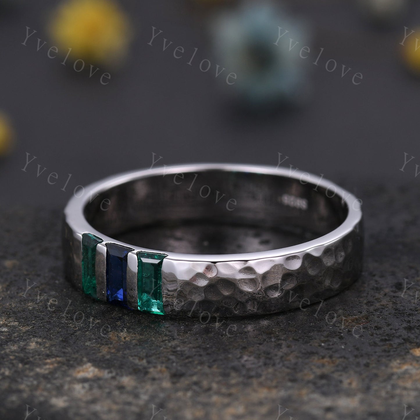 Retro Mens Baguette Sapphire Emerald Wedding Band 5mm Hammered Band Platinum Ring Men Stackable Matching Band Family Birthstone Gift For Him