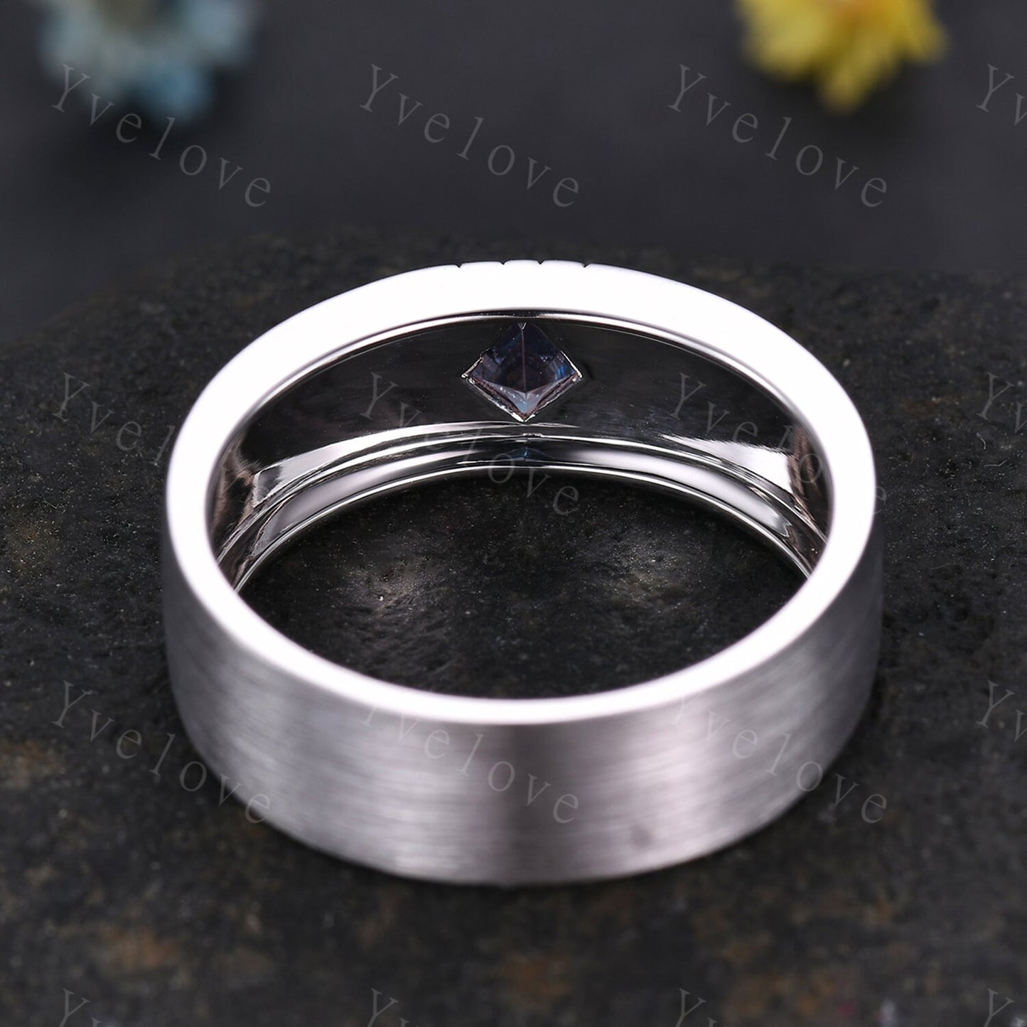7mm Mens Kite Cut Alexandrite Wedding Band Alexandrite Engagement Ring Brushed Finish Band Mens Stacking Band His Wedding band Platinum band
