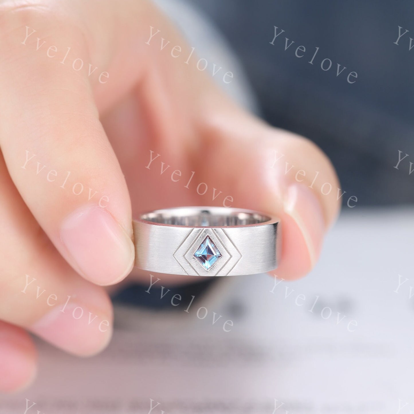 Mens Kite Shaped Alexandrite Wedding Band Alexandrite Engagement Ring Satin Finish Band 14K Rose Gold Mens Stacking Band His Wedding band