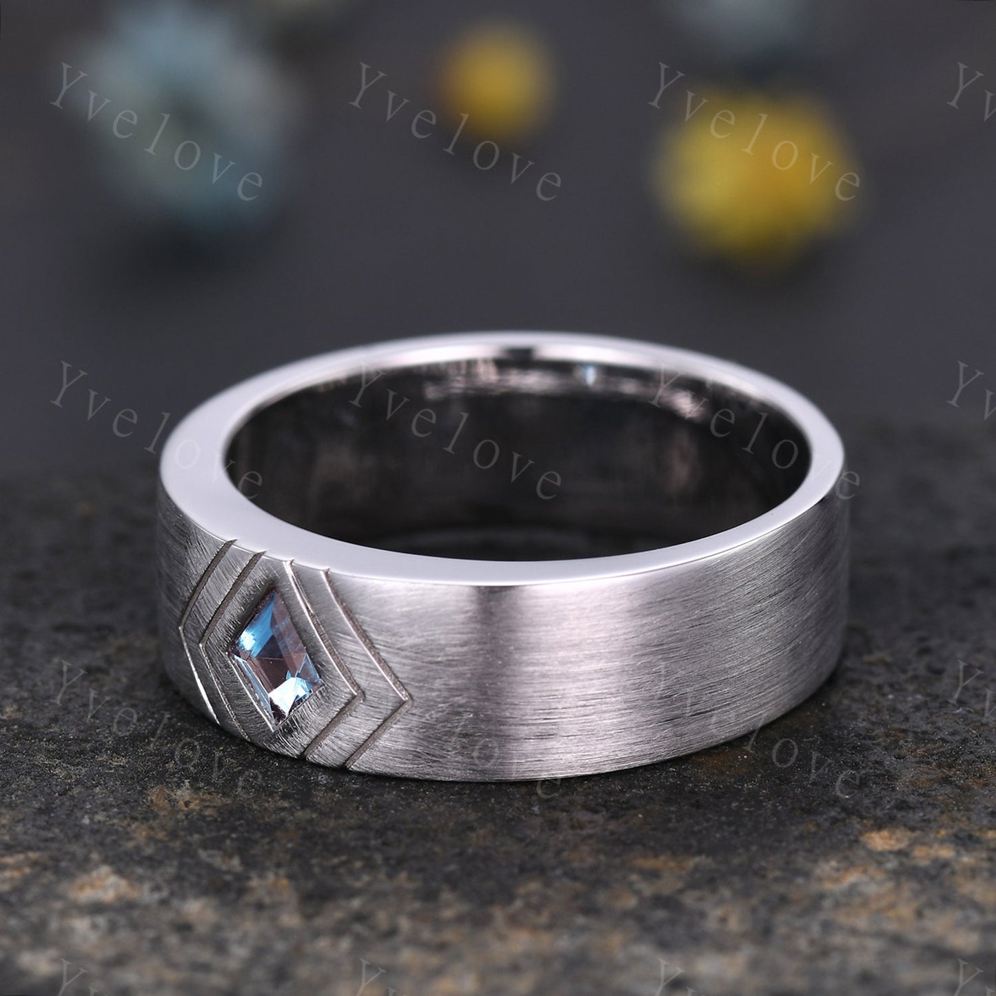 7mm Mens Kite Cut Alexandrite Wedding Band Alexandrite Engagement Ring Brushed Finish Band Mens Stacking Band His Wedding band Platinum band